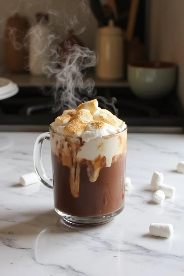 Steaming hot chocolate with toasted marshmallows in a glass mug on a marble counter.