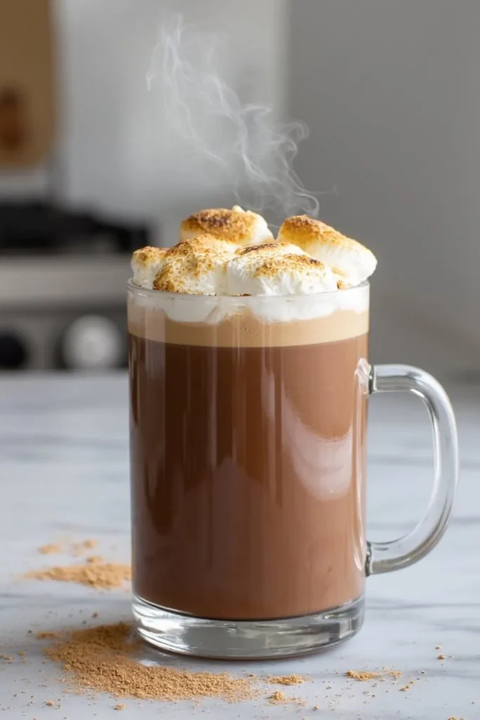 Steaming hot chocolate topped with toasted marshmallows in a glass mug on a marble countertop.