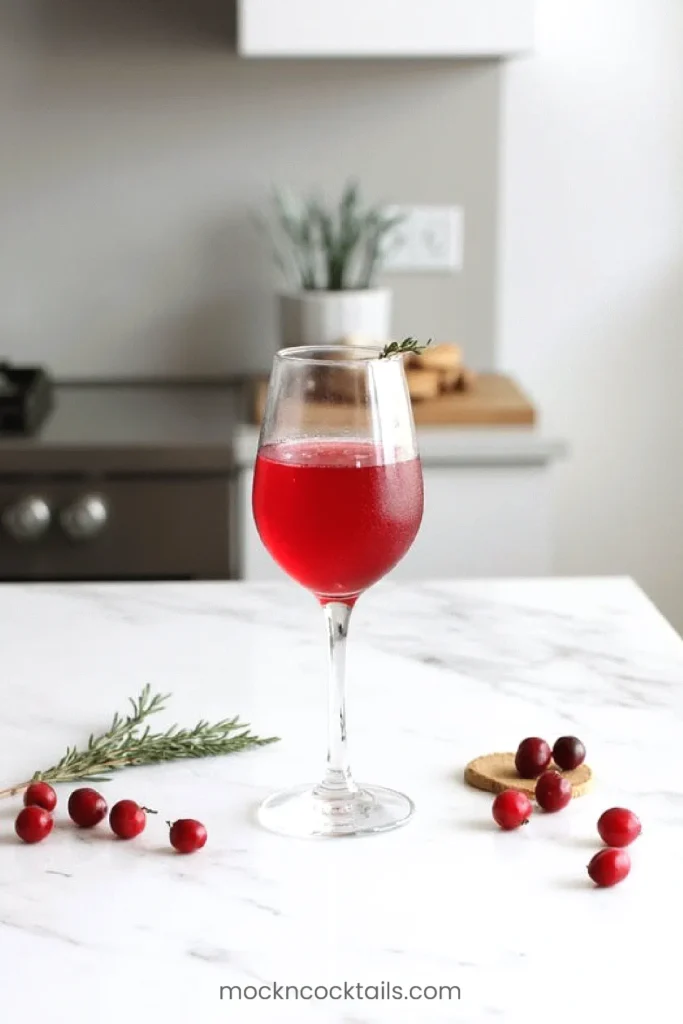 Cranberry mocktail in wine glass with rosemary garnish on marble countertop, surrounded by fresh cranberries and sprig.