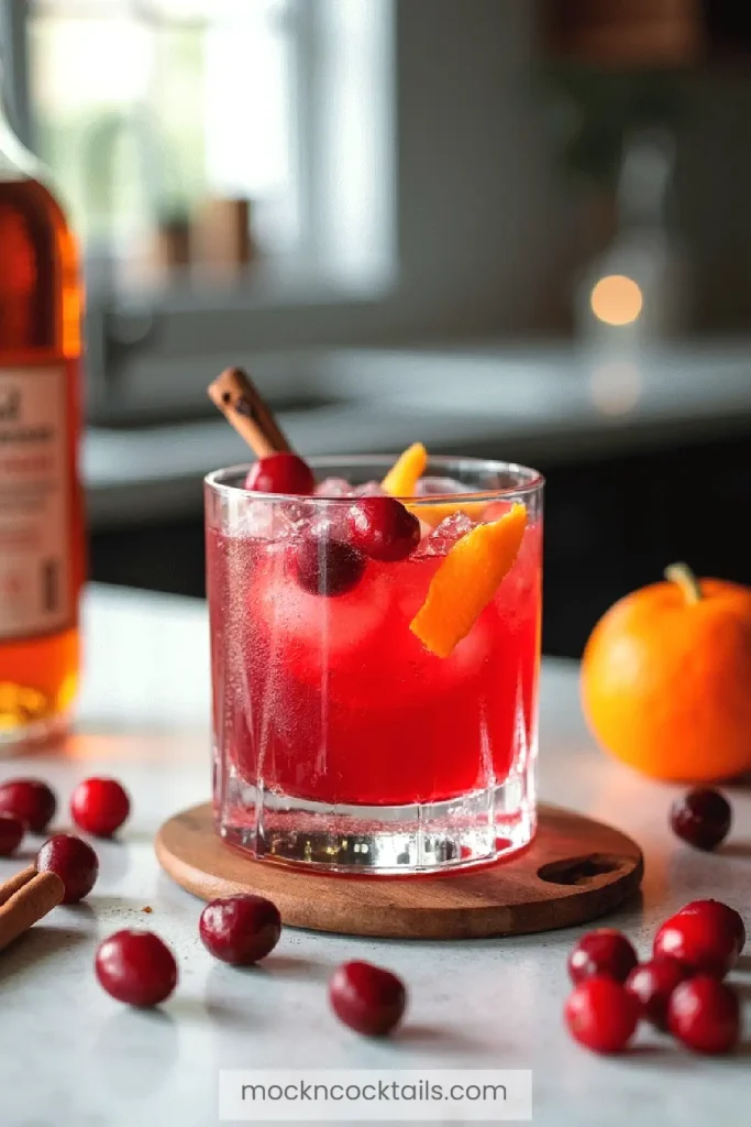 Red cocktail with cranberries, orange peel, and cinnamon stick in a glass, surrounded by ingredients on a table.