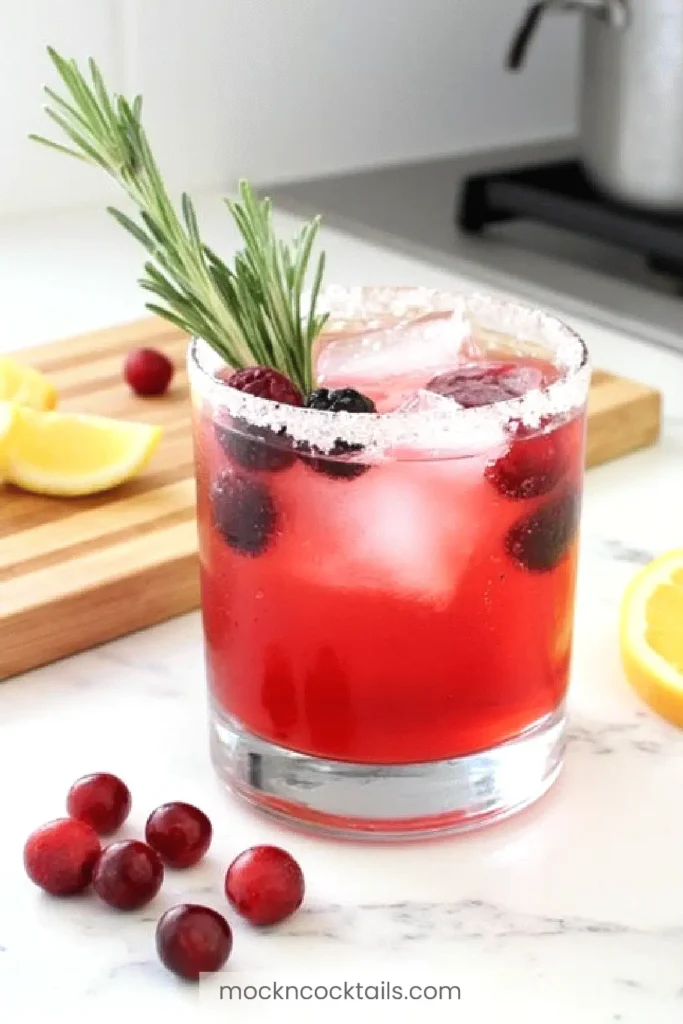 Refreshing cranberry mocktail with ice, rosemary garnish, and fresh cranberries, perfect for a festive drink.