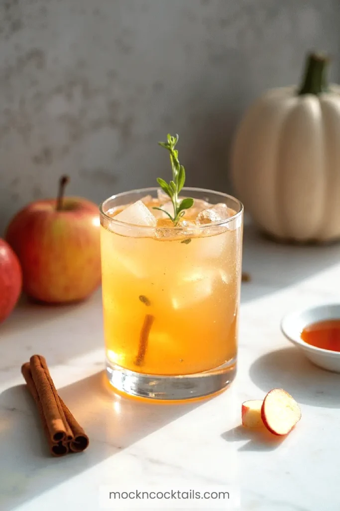 Chilled autumn mocktail garnished with rosemary, surrounded by apples, cinnamon, and a pumpkin for festive vibes.