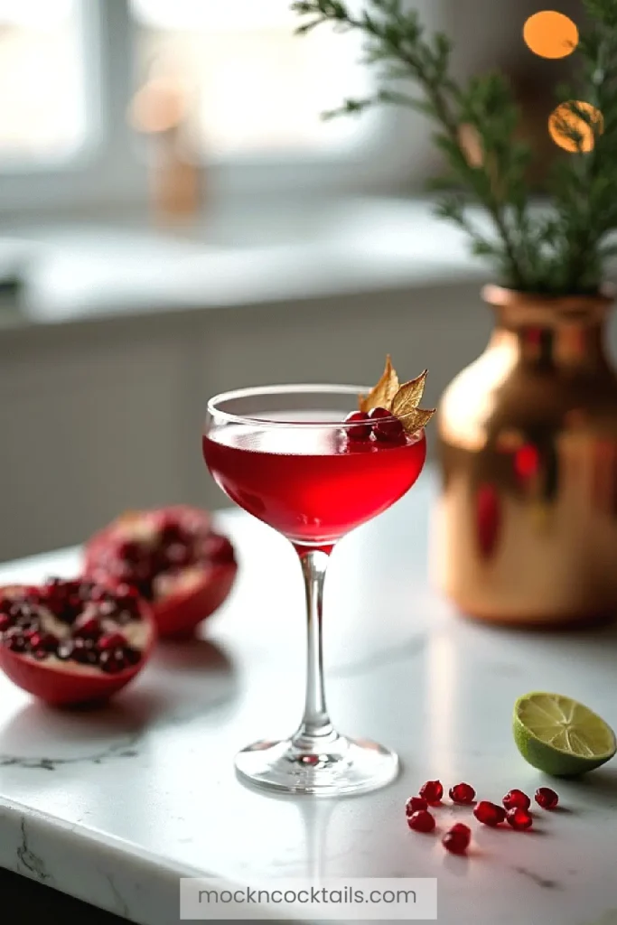Red pomegranate mocktail in a glass on a marble counter, garnished with berries and lime.