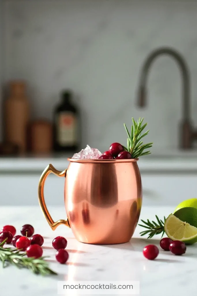 Copper mug with cranberries, rosemary, and ice, set on a kitchen counter with lime and garnish. Mocktail vibes.