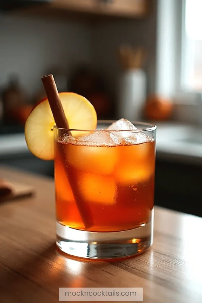 Iced spiced apple mocktail with a cinnamon stick in a glass, garnished with an apple slice, on a wooden table.