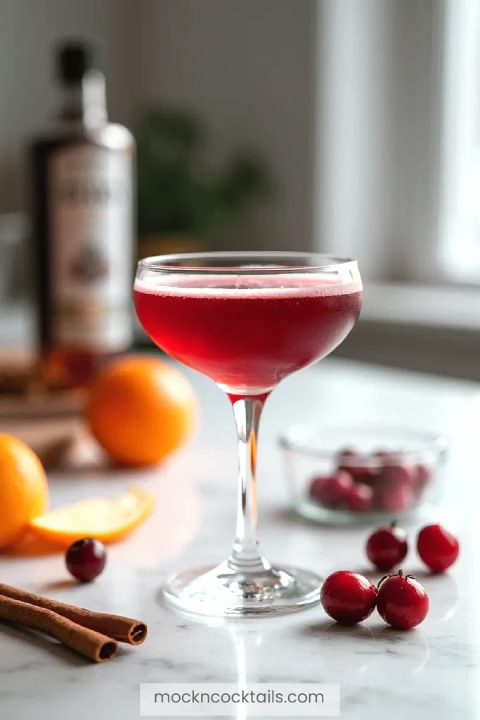 Red cranberry mocktail in a glass with fresh cranberries, orange, and cinnamon on a marble countertop.