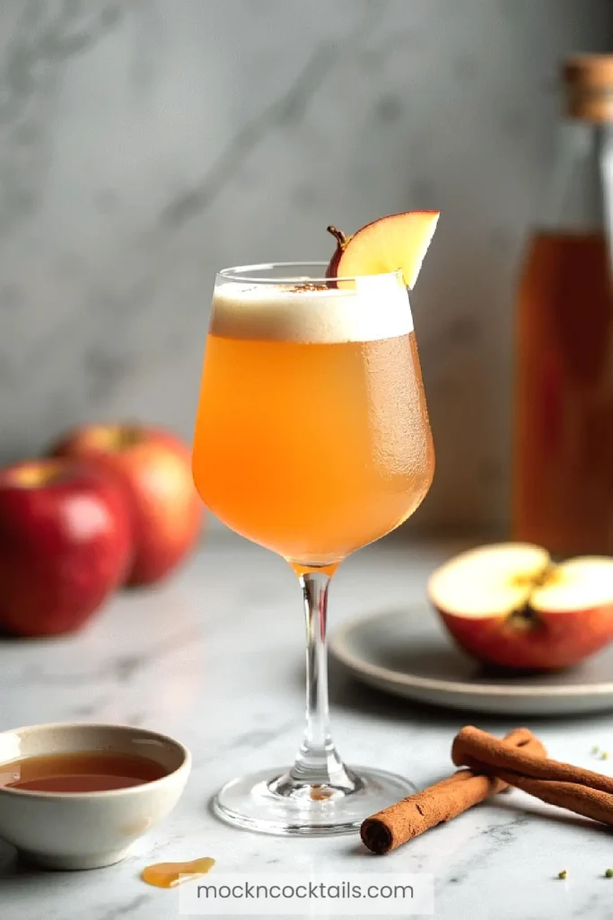 Refreshing apple mocktail in a glass, garnished with an apple slice, with cinnamon sticks and apples in the background.