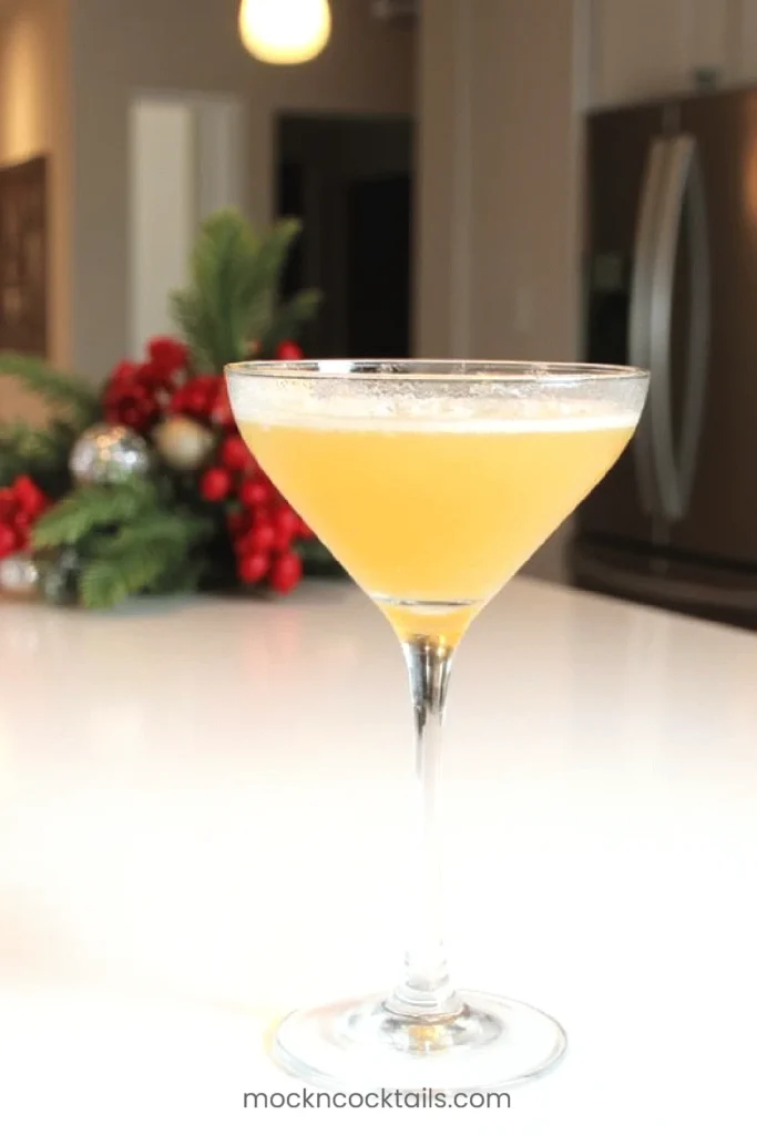 Festive yellow mocktail in a glass with holiday decor in the background. Perfect for Christmas celebrations.