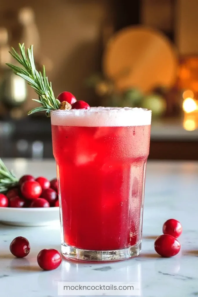 Festive cranberry fiz cocktail with rosemary garnish in a glass, surrounded by fresh cranberries on a marble countertop.