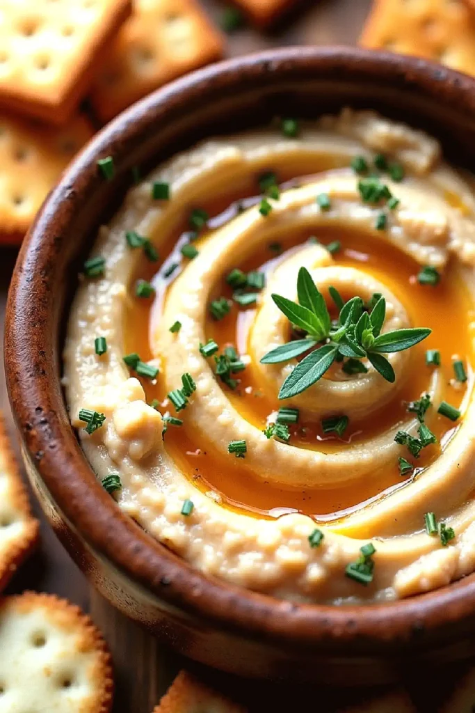 Creamy hummus drizzled with olive oil and garnished with herbs, served with crackers in a rustic wooden bowl.