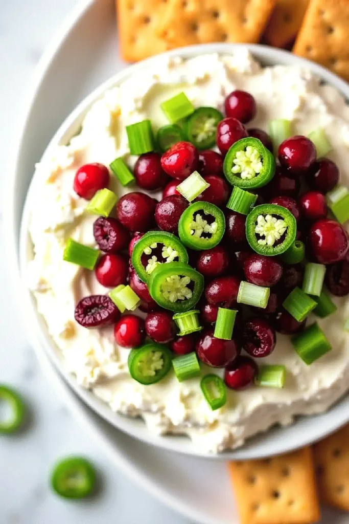Festive cream cheese dip topped with cranberries, sliced jalapeños, and green onions, served with crackers.