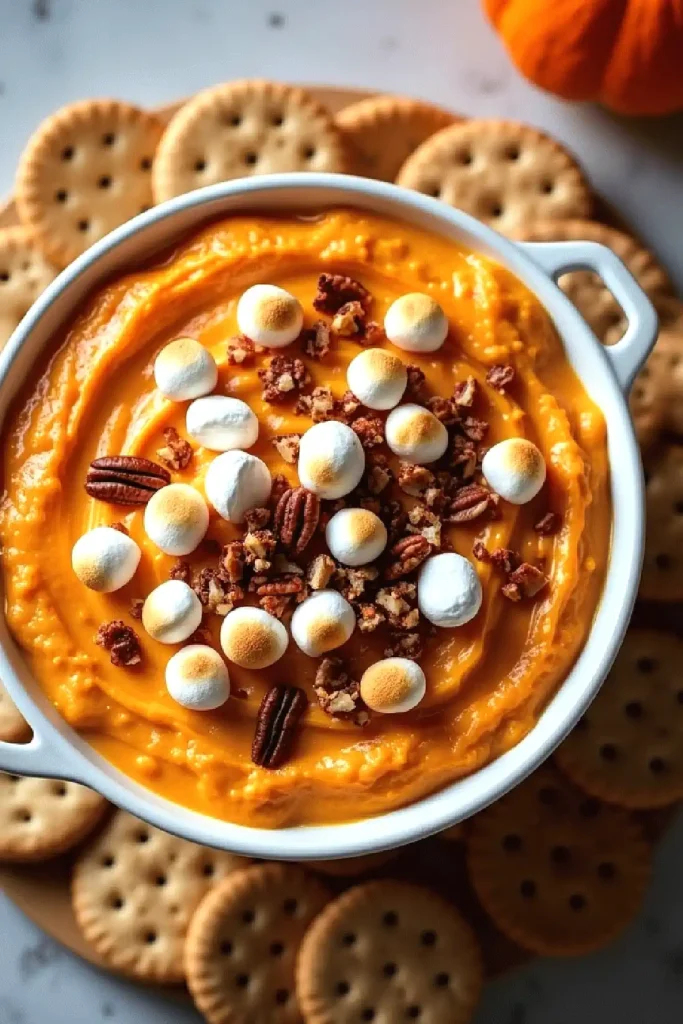 Creamy sweet potato casserole with toasted marshmallows, pecans, and crackers, perfect for a festive holiday meal.