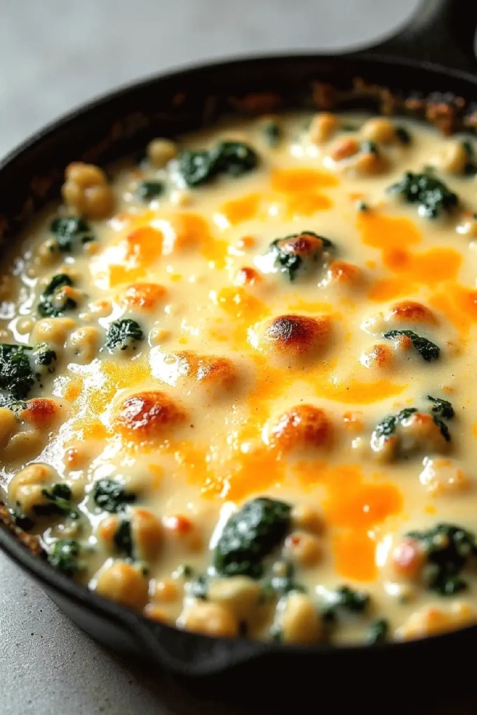 Creamy chickpea and spinach bake in skillet, topped with melted cheese. Perfect comfort food recipe.