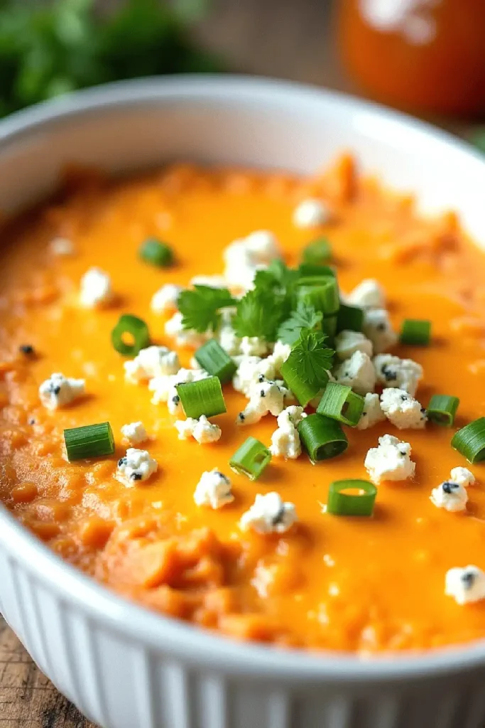 Creamy buffalo chicken dip topped with green onions and feta in a white dish. Perfect appetizer for parties and gatherings.