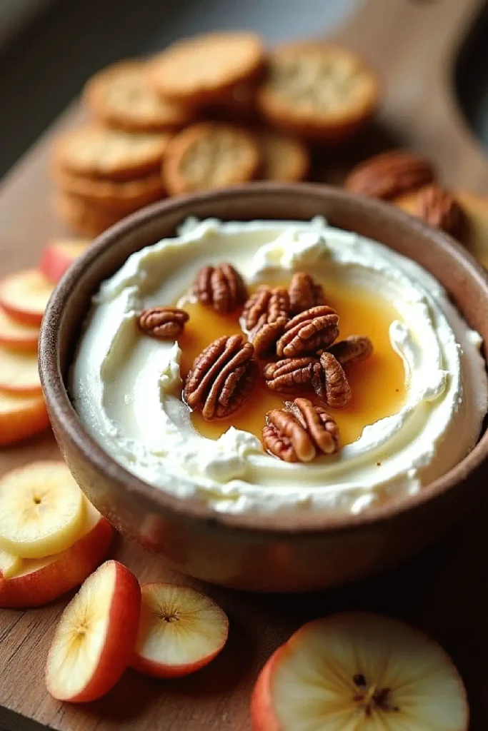 Cream cheese dip with pecans and apple slices on a wooden board, served with crackers.