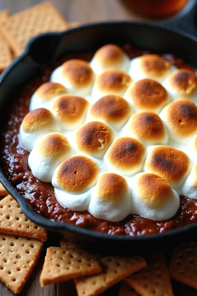 Toasted marshmallow dip with graham crackers in skillet, perfect for desserts and parties.