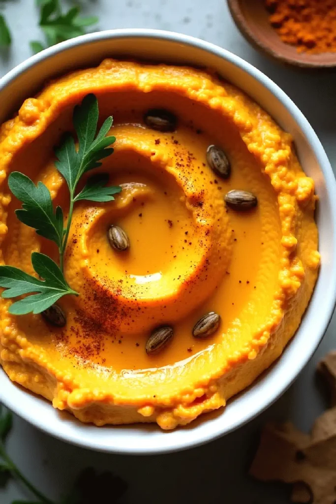 Creamy pumpkin hummus topped with seeds and parsley in a bowl, sprinkled with spices, on a light background.
