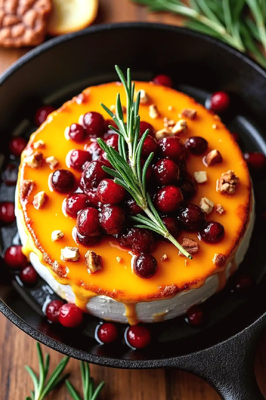 Friendsgiving dip recipes, Baked brie with cranberries, walnuts, and rosemary in a skillet, drizzled with honey, perfect holiday appetizer.