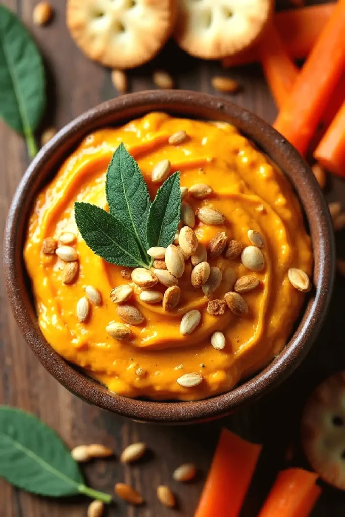 Creamy pumpkin dip garnished with seeds and leaves in a brown bowl, surrounded by crackers and carrot sticks.