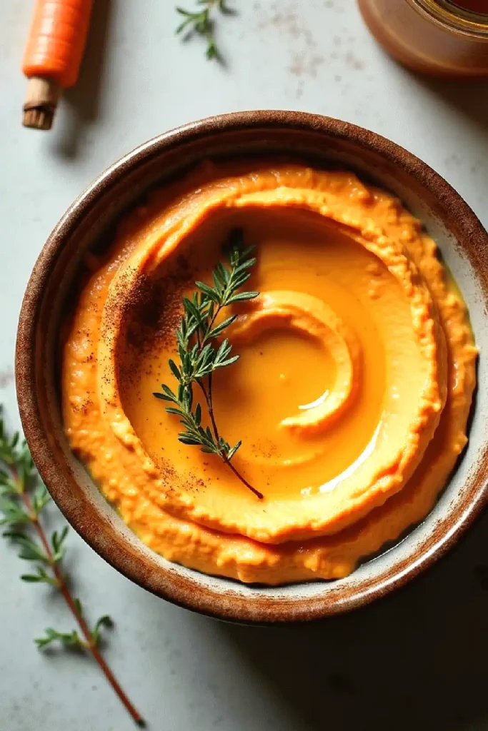 Creamy carrot hummus in a brown bowl, garnished with fresh herbs, on a gray background.
