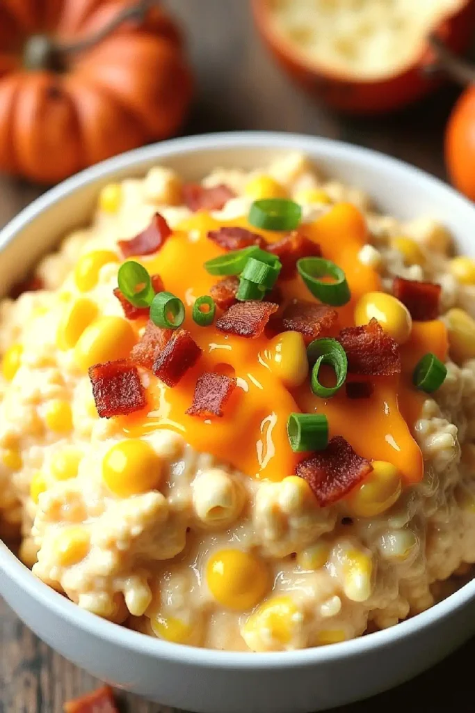 Creamy corn casserole topped with bacon, cheddar cheese, and green onions in a white bowl. Perfect fall comfort food.