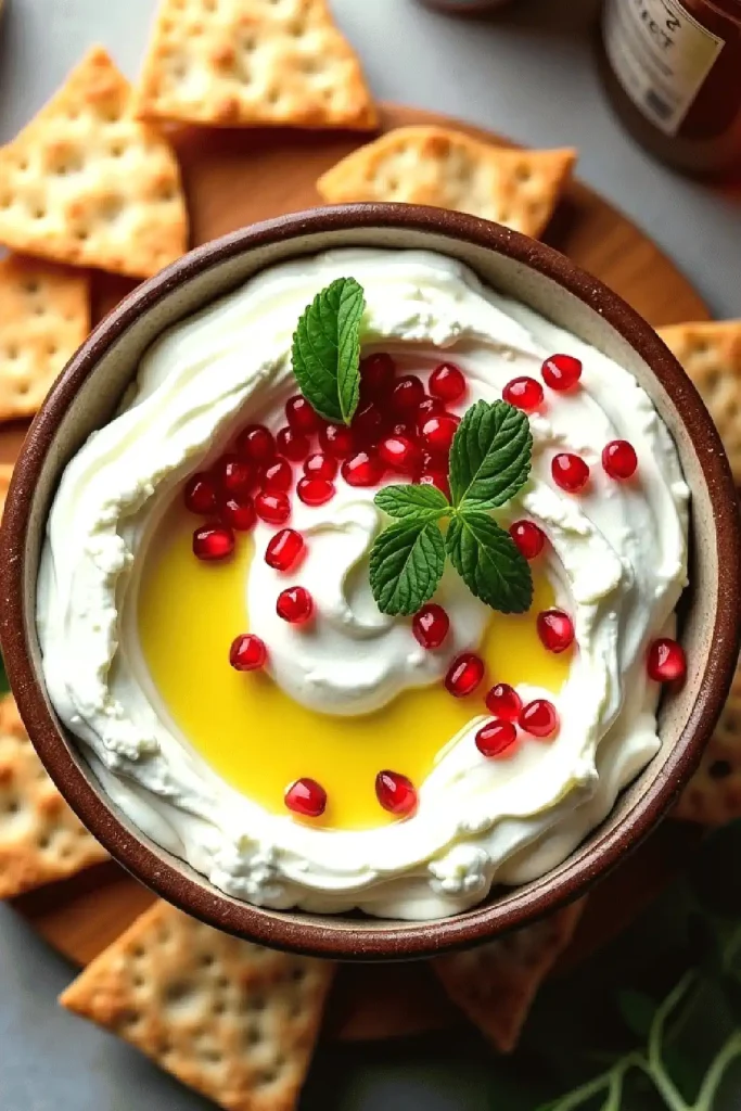 Creamy labneh with olive oil, pomegranate seeds, and mint in a bowl, surrounded by crackers.