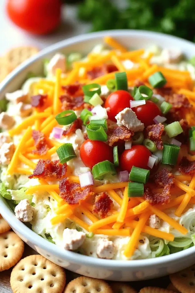 Delicious layered salad with cheese, tomatoes, bacon, and green onions, served with crackers.