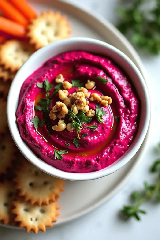 Vibrant beet hummus with walnuts and parsley in a white bowl, served with crackers on a white plate.