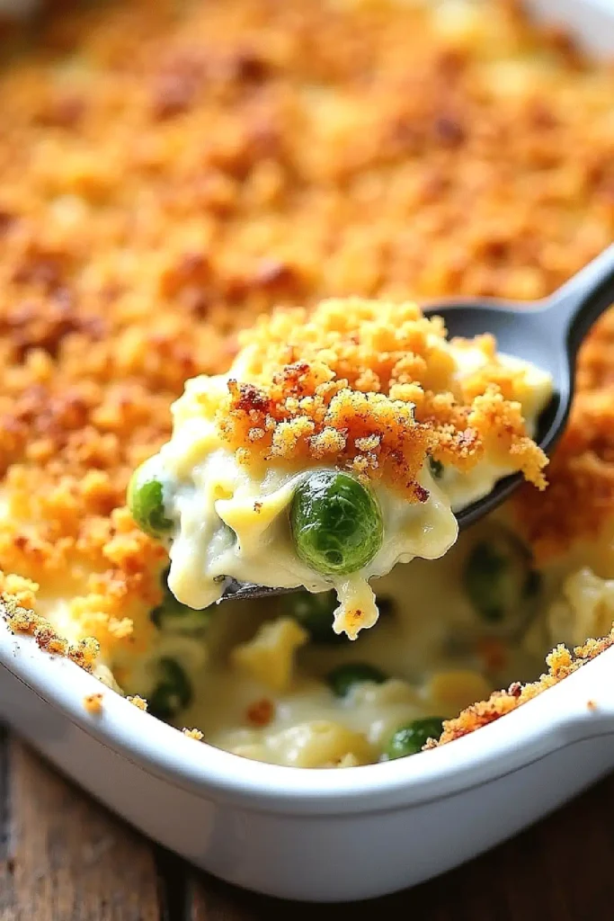 Creamy casserole with peas topped with crispy golden breadcrumbs in a white baking dish.