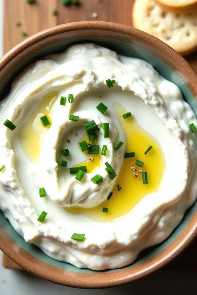 Creamy yogurt dip with olive oil and chopped chives in a brown bowl, perfect for snacks or appetizers.
