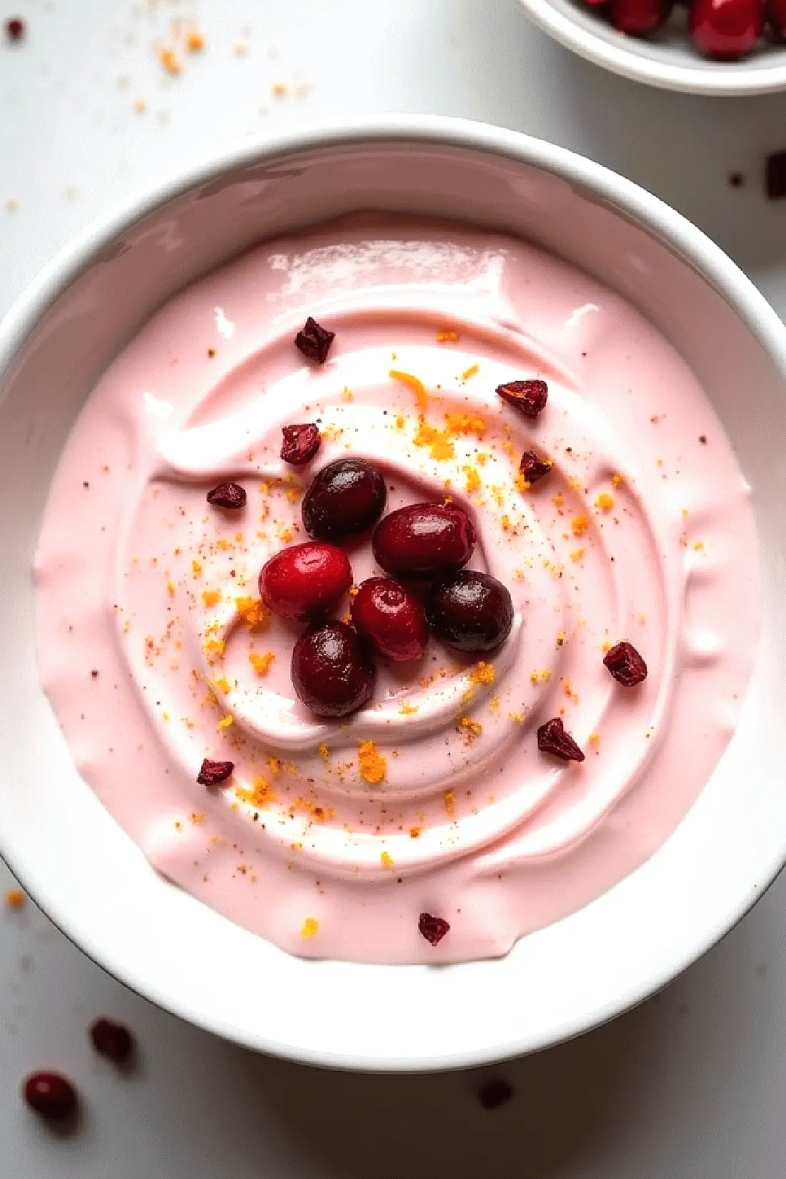 Thanksgiving dip recipes, Creamy pink yogurt topped with fresh cranberries and sprinkled with zest in a white bowl.